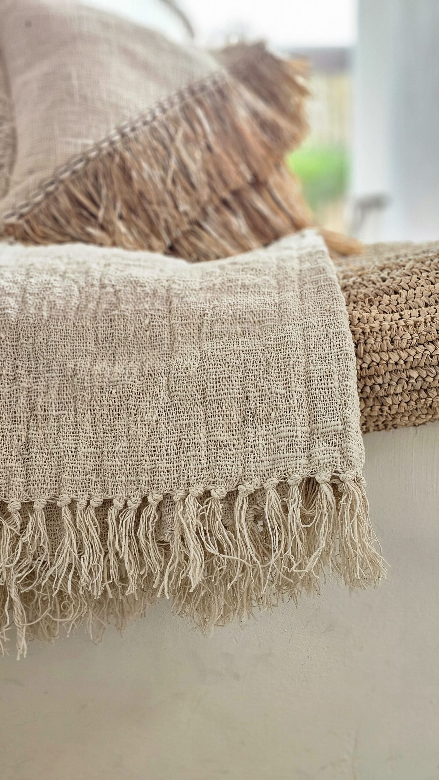 Ronda Linen Throw with Fringes - Natural-Toned Textile
